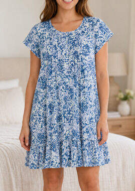 Lauren Ralph Lauren Nightgown Women's L Blue WhiteFloral Cotton Blend Ruffle Hem